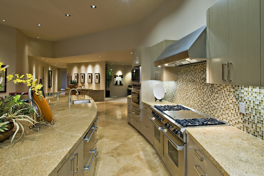 Portrait of a luxury kitchen with marble counter top