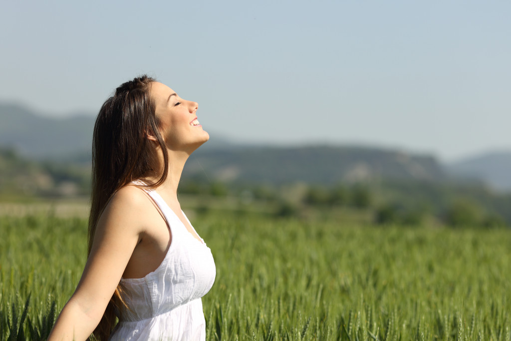 relaxing, outdoor space, woman self care